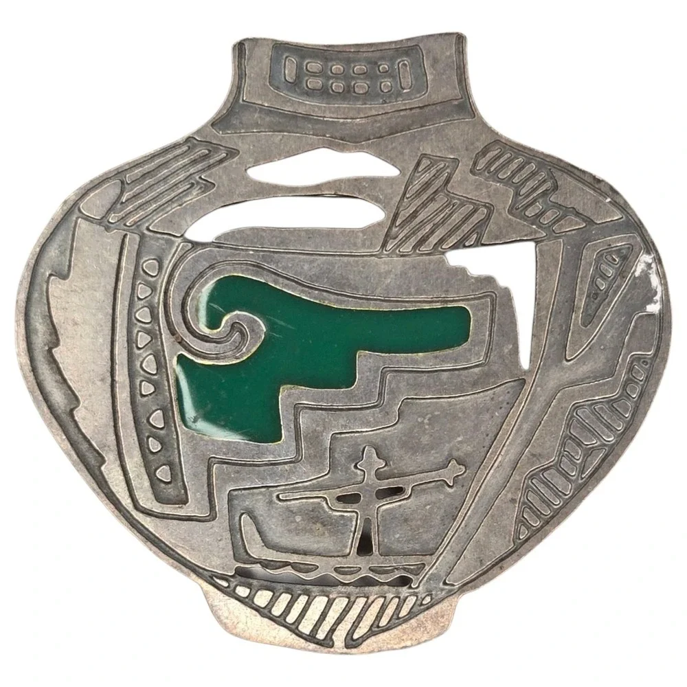 Vintage Brooch Sterling Silver 925 Southwestern Green Enamel‎ Pottery Pin Green